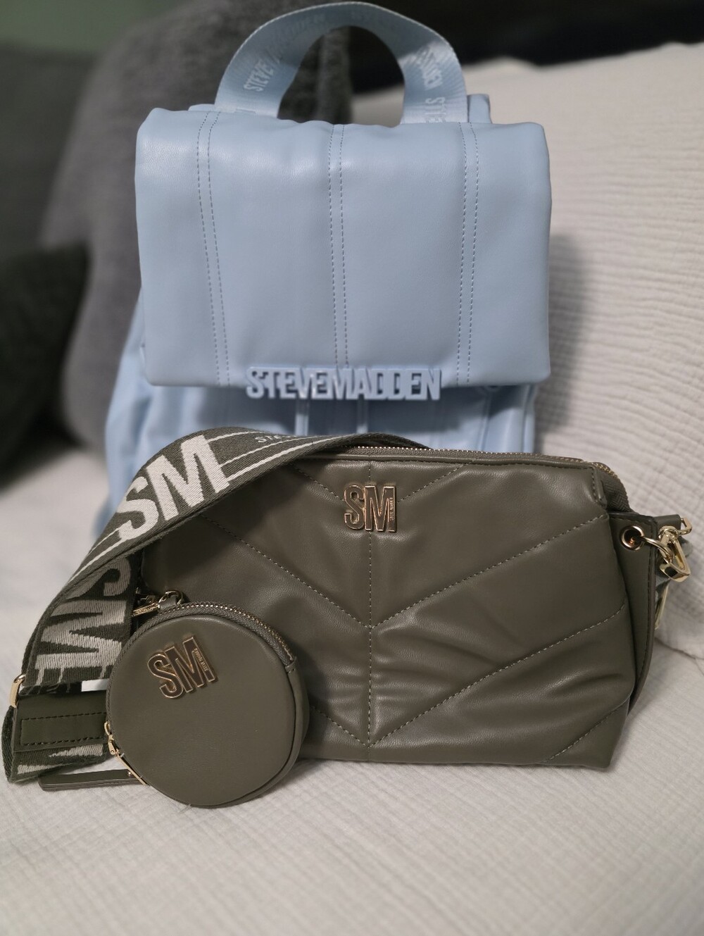 Steve Madden Bundle Olive Quilted Crossbody Bag And Baby Blue Book Bag